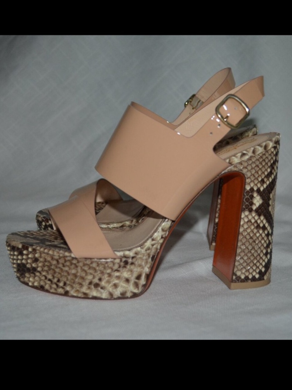 Sz 37.5 7 Santoni Rose Collection Beige Patent Leather Snakeskin Platform Heels